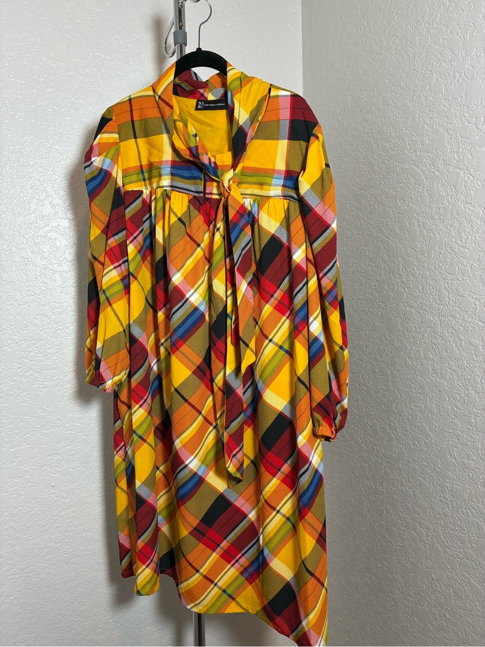 NY&C Yellow Orange Multicolor Plaid Tie-Neck Women’s Size XXL